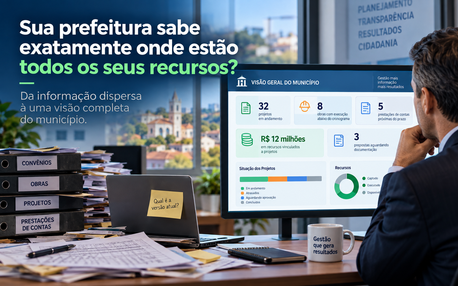 Gestor municipal analisando um painel digital com informações sobre recursos, projetos, obras e prazos da prefeitura.