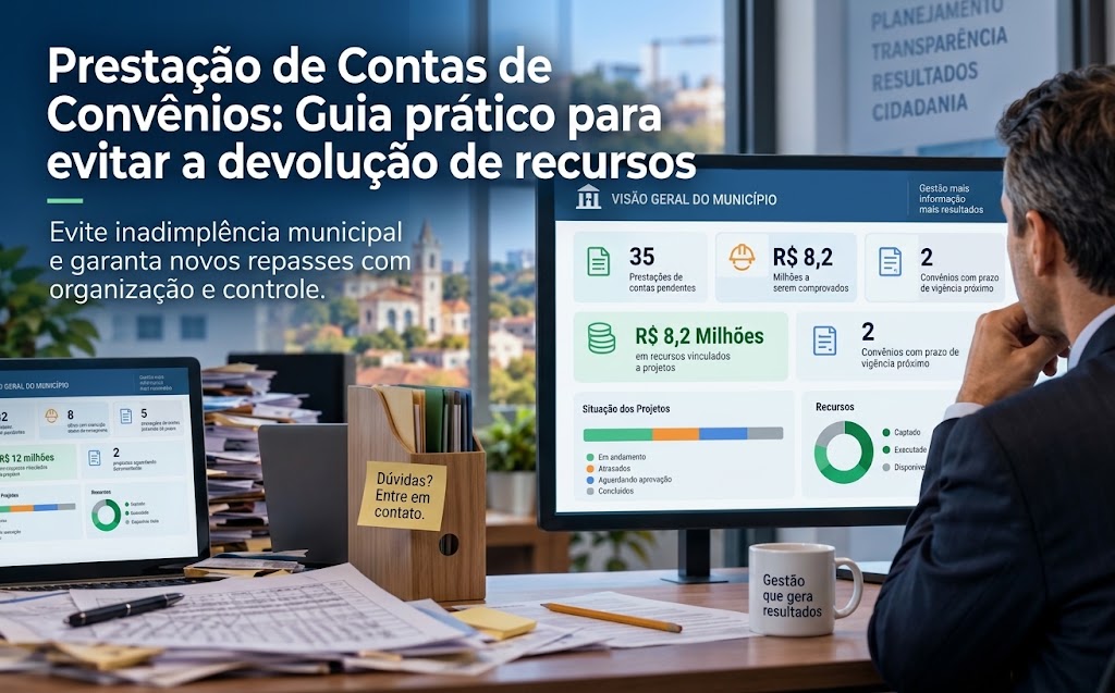 Gestor público municipal analisando relatórios de prestação de contas e documentos de convênios em um computador.