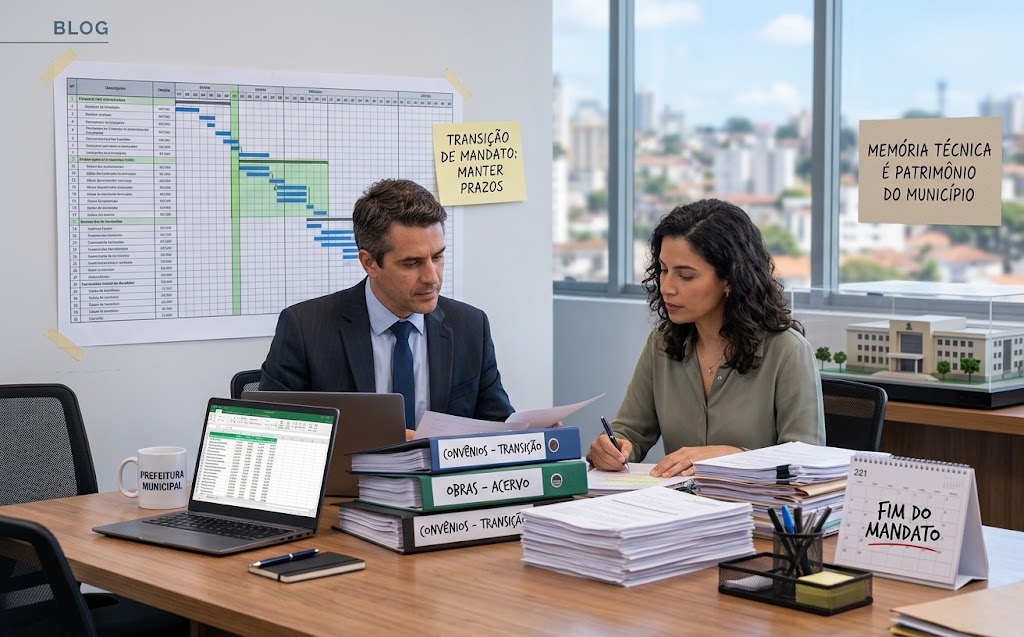 Gestores públicos organizando relatórios e cronogramas de transição de governo municipal em um escritório.
